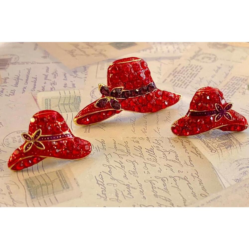 Vintage Red Rhinestone Hat Brooch Earrings Set "Red Hat Society" Style Parure